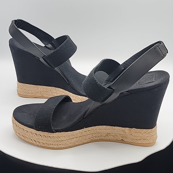 TORY BURCH Wedge Sandal Espadrille Slingback 2 Band Canvas & Leather Black US 10 - Picture 1 of 13
